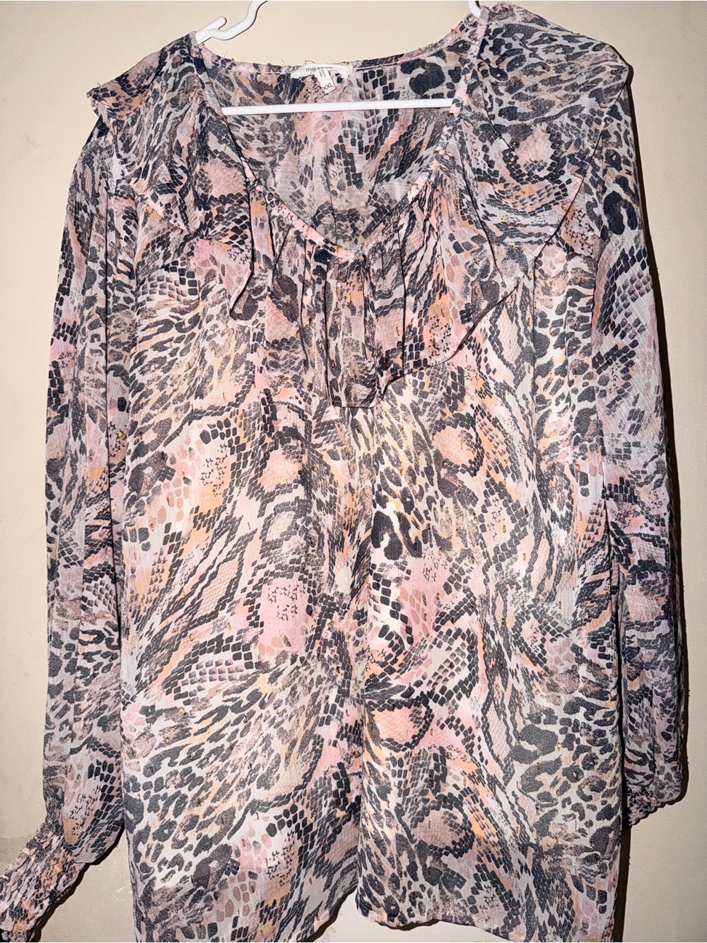 Maurices Pink and Gray Animal-Print Ruffle V-Neck Blouse
